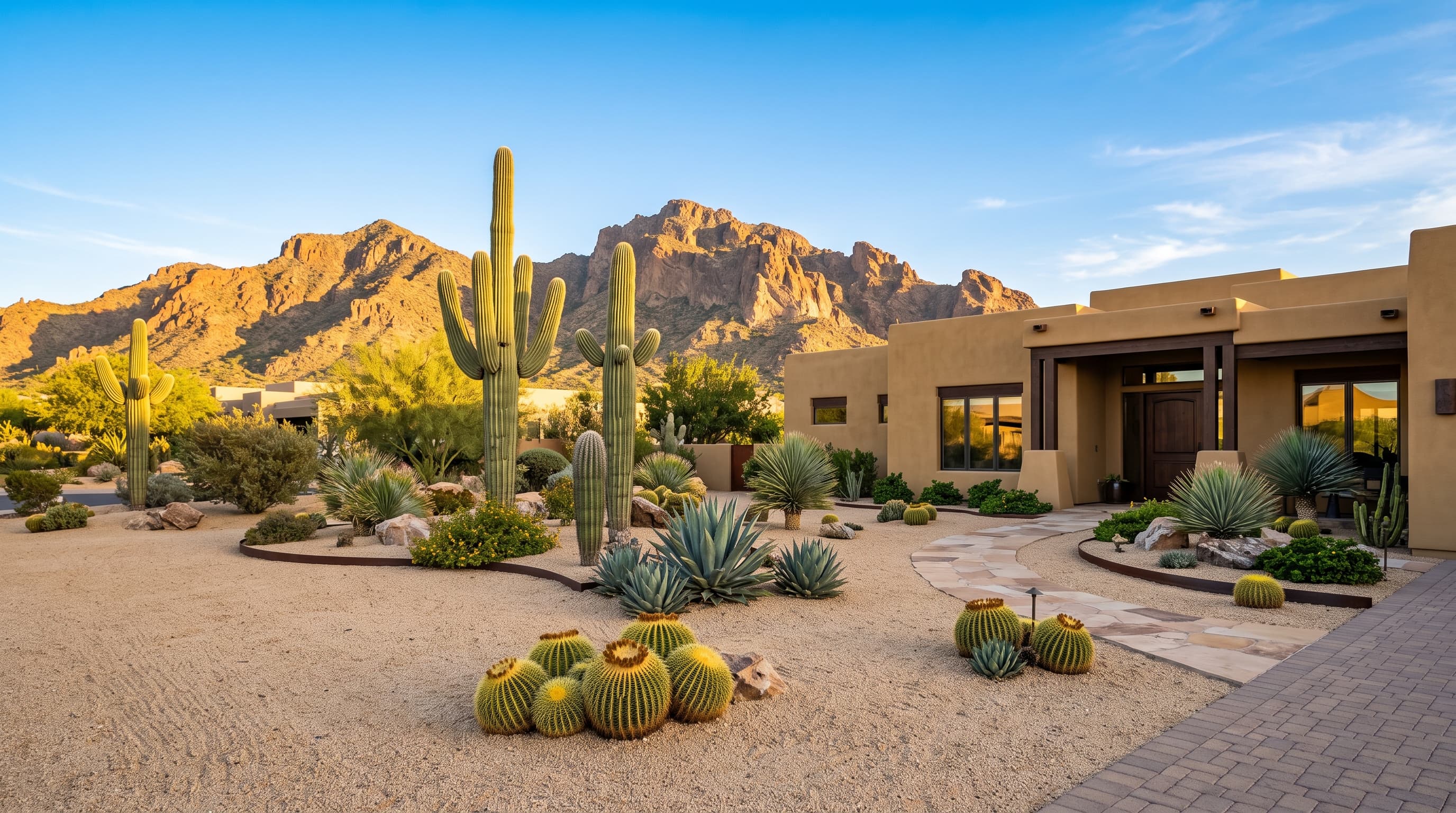 Beautifully maintained Arizona desert landscape with saguaro cactus and a southwestern home